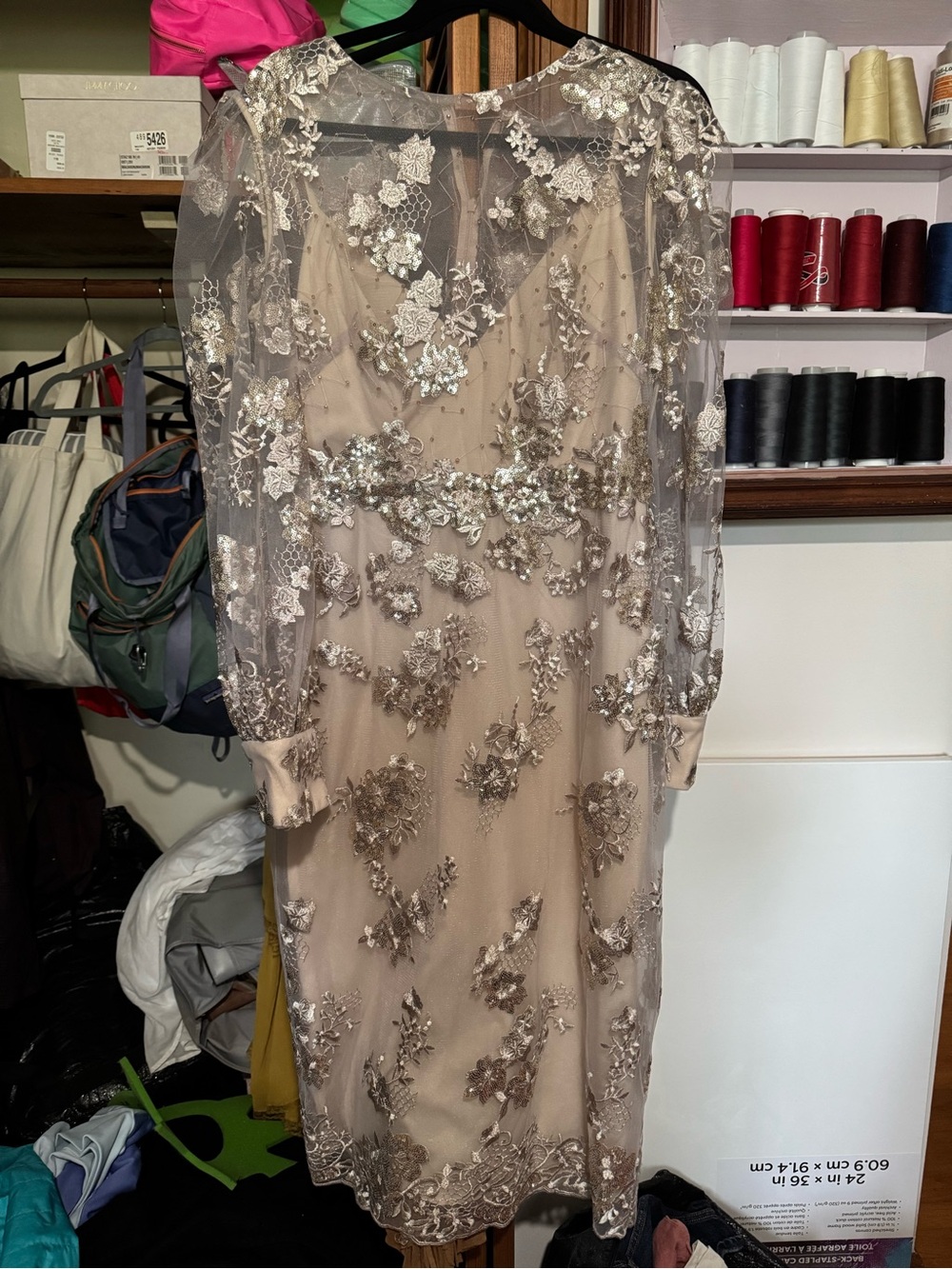 Mac Duggal Blush Nude Long Sleeve Embellished Midi Dress